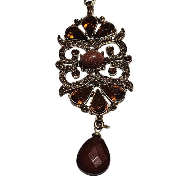 Vintage Elegant Beaded Necklace Gold Tone Pendant Brown Teardrop Charm Jewelry - Picture 3 of 7